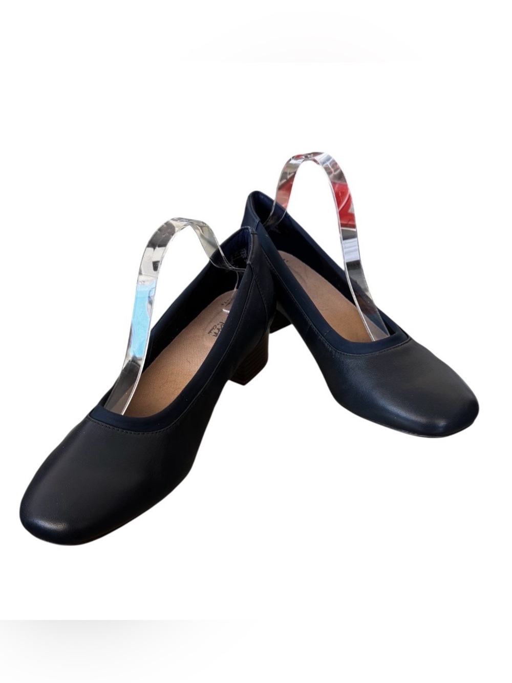 Clarks Size 10W Chartli Fame leather navy pump block heel comfy square toe